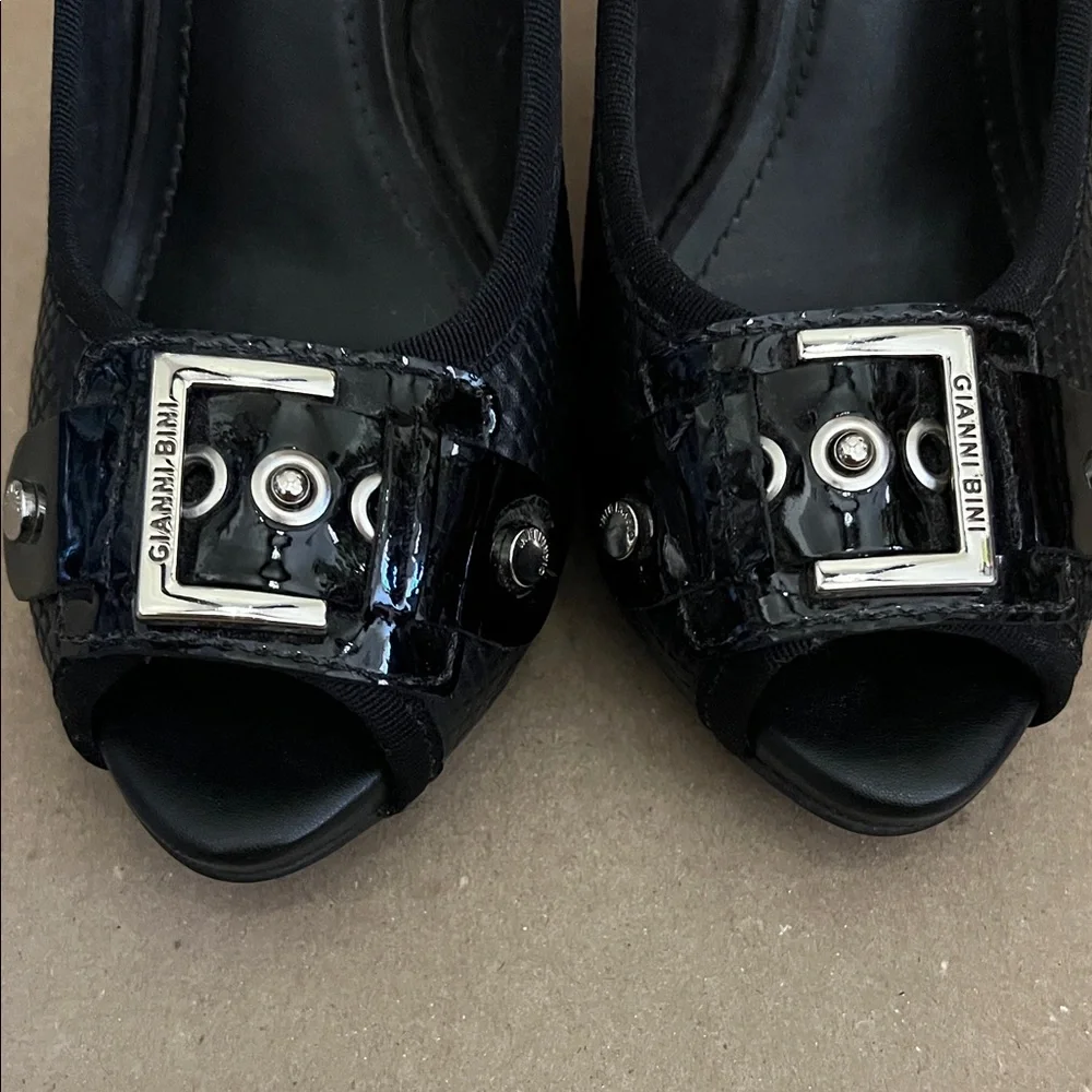 Gianni Bini Black Peep-Toe Heels with Silver Buckle - Picture 2 of 5